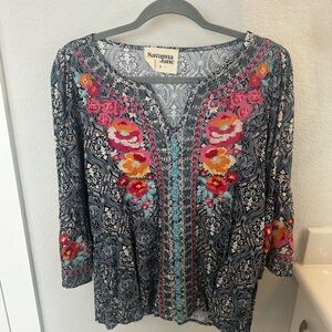 Savanna Jane Blue Top with Pink and Orange Embroidery
